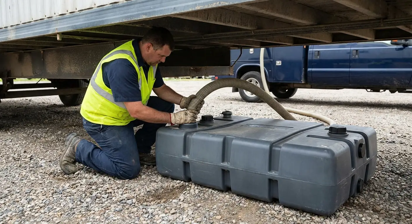 Port City Sanitation vacuum truck servicing a waste holding tank at a construction site in Alexandria, VA